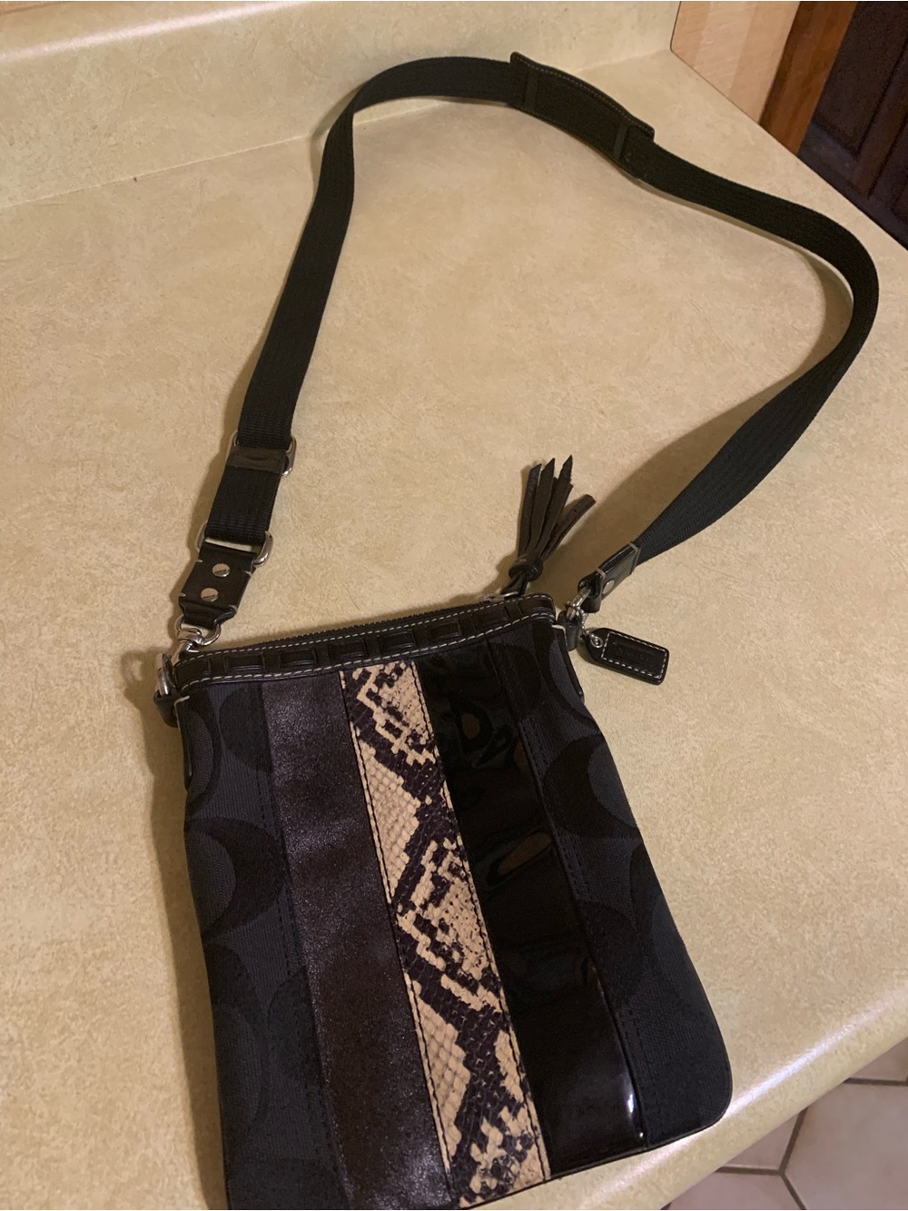 Coach Black Crossbody with Snake-Print Center Panel